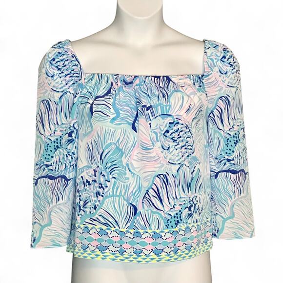 Lilly Pulitzer Lizzie Top Size L NWT Bermuda Blue Fish Print Resort Coastal Chic - Picture 2 of 8